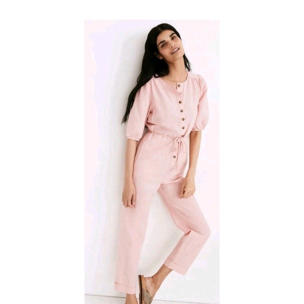 NEW Madewell Linen Blend Puff Sleeve Tassel Tie Jumpsuit Relaxed Fit Pink Large